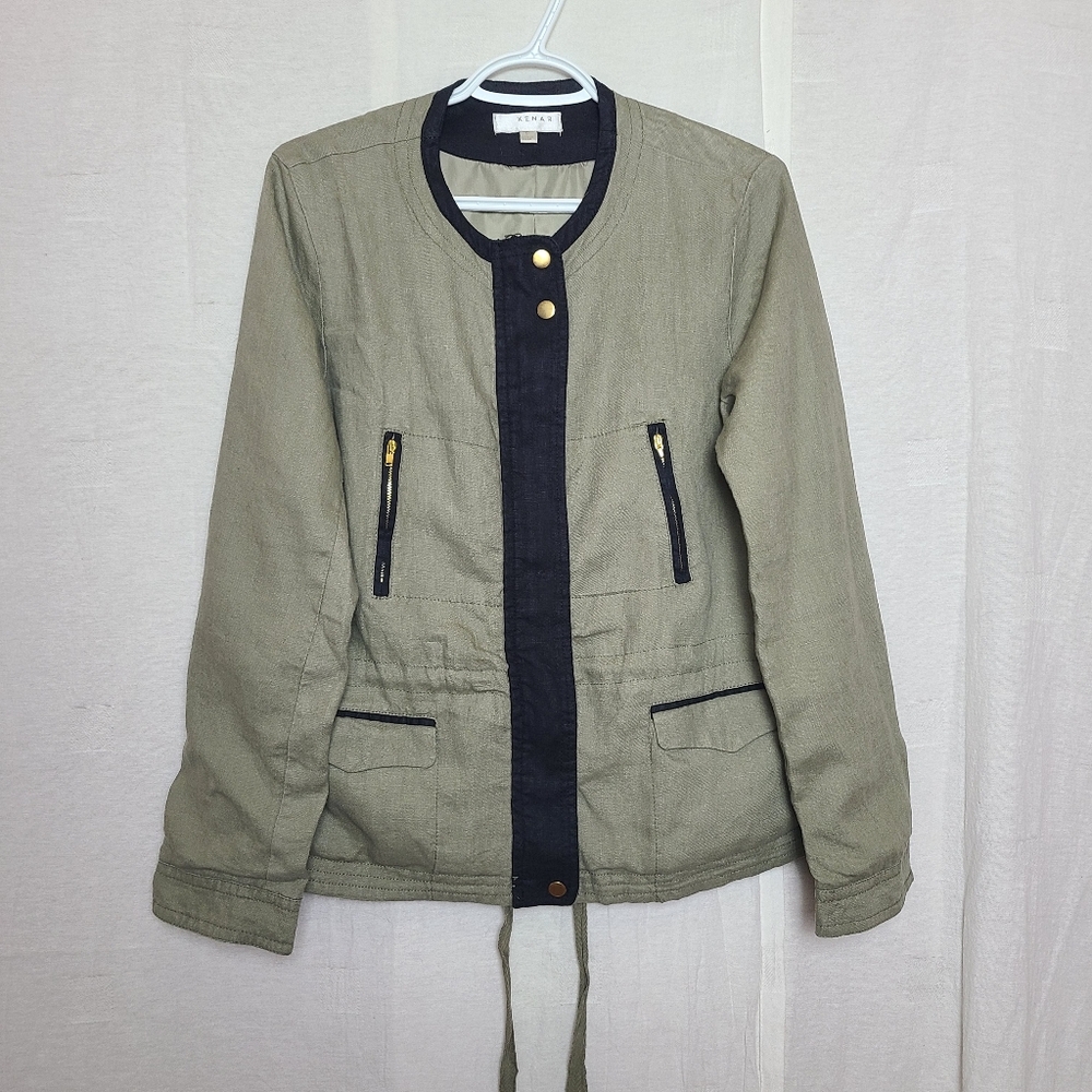 Kenar Women's Linen Olive Green Military Chic Casual Basic Jacket